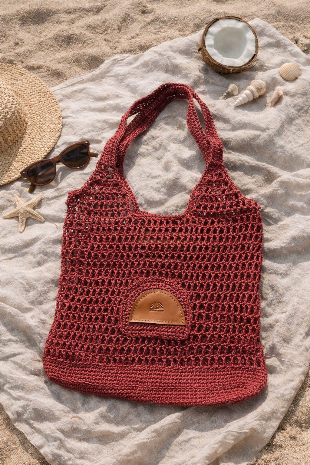 Beach Raffia Bag - Wine Red